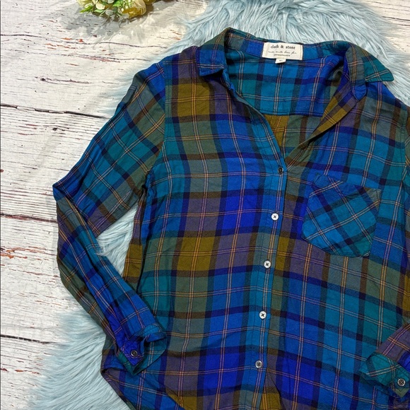 Anthropologie Cloth & Stone Shoshone plaid blue flannel button down top - Picture 6 of 9